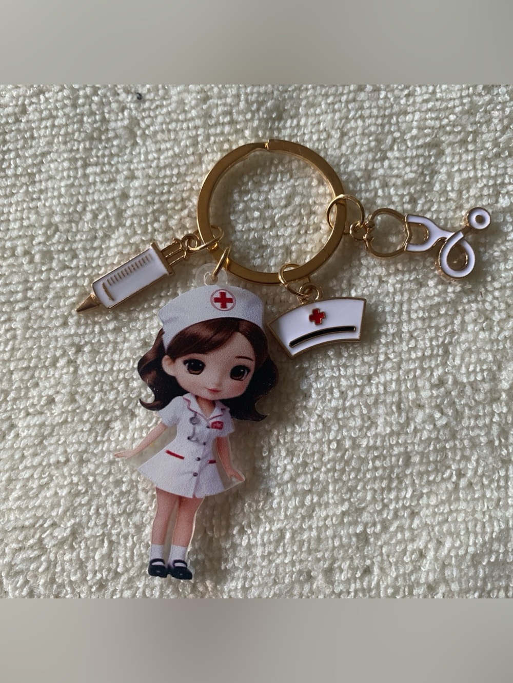 Cute Nurse Doll Keychain in White and Gold -